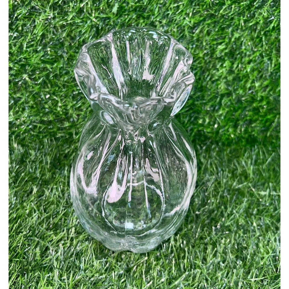 Clear Glass Drawstring Bag Pouch Vase Ruffled Rim Ribbed Texture 7in - Picture 3 of 14